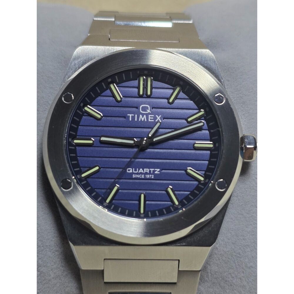 Q Timex Marbella 40.5mm Blue Dial Integrated Stainless Steel Watch - New In Box